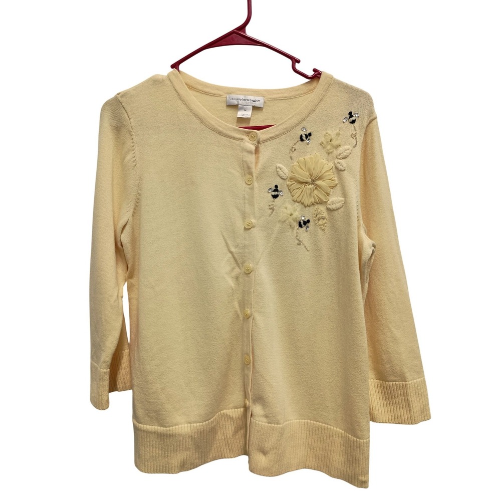 Christopher & Banks Cardigan Womens Medium Yellow Cottage Embroidered Bee Floral